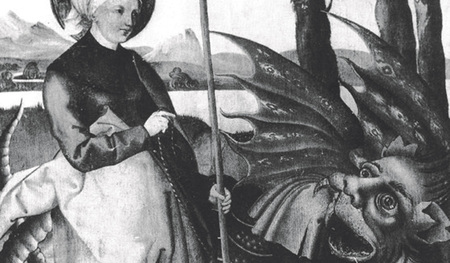  Martha zähmt den Drachen Tarasque, Martha-Altar in der St.-Lorenz-Kirche in Nürnberg. 
