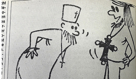 Karikatur aus einer russischen Zeitschrift, die sich darüber ärgert, dass Jugendliche religiöse Zeichen und Kreuze als Schmuck tragen 