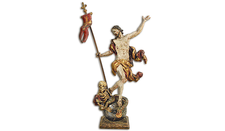 Josef Matthias Götz, Christus als Überwinder von Sünde und Tod, 1723, Modell für die Tabernakelbekrönung des Gottsohnaltars der Dreifaltigkeitskirche in Stadl-Paura, Holz, Originalfassung, Linz, Schlossmuseum. 