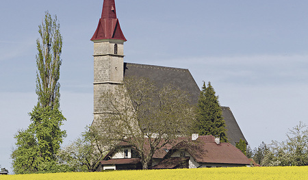 Sattgelbe Rapsfelder vor und blauer Himmel hinter der Wallfahrtskirche Heiligenleithen in der Gemeinde Pettenbach (Bezirk Kirchdorf an der Krems).