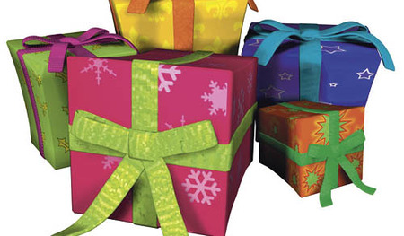 Cartoons SymbolbildGeschenke Weihnachtsgeschenke P?ckchen Pakete bunt farbig verpackt eingepackt eingewickelt Gruppe Computergrafik Querformat Hintergrund wei? Freisteller group of colourful Christmas presents computer graphic horizontal format bac