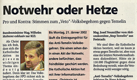 Die KirchenZeitung berichtete im Jahr 2002 über das Veto-Volksbegehren gegen Temelin. 