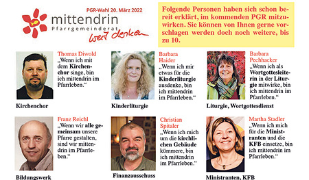 Im Pfarrblatt finden sich die ersten Kandidat/innen, die sich der Wahl stellen und die Vereinsobleute, die die Pfarre unterstützen.   