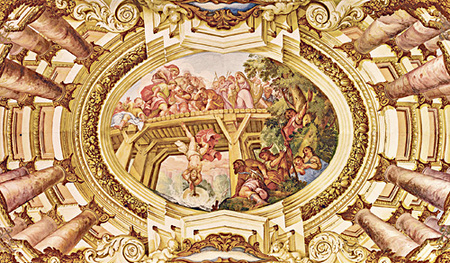 Das Deckenfresko in der Stiftskirche St. Florian zeigt das Martyrium des heiligen Florian: Er wird von der Brücke in die Enns gestürzt.  