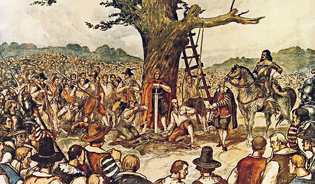 Die historische Wandzeichnung zeigt das Blutgericht, das vor 400 Jahren am Haushamerfeld stattfand und 16 Männern den Tod brachte.  