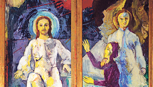 „Mogersdorfer Altar“ von Herbert Boeckl. Die unterschiedlichen Dimensionen des Auferstandenen und der Maria von Mágdala werden in den separaten Bildflügeln angedeutet.  