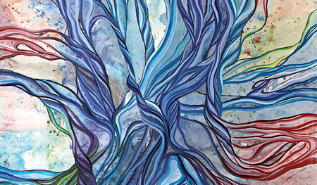 Fastentuch „Suchen“ für die Pfarre Prambachkirchen, Acryl, Lack, Kohle, Öl  auf Leinwand, 2022. 