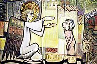 kathbild.at/Franz Josef Rupprecht Eine erschrockene Jungfrau Maria legt angesichts des Fremden vorerst ihre Hände schützend auf den Schoß. Detail aus dem monumental großen Fastentuch von Sepp Jahn und Edith Hirsch (Dominikanerinnenkloster Kirchberg am Wechsel, NÖ).