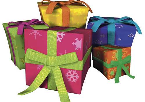Cartoons SymbolbildGeschenke Weihnachtsgeschenke P?ckchen Pakete bunt farbig verpackt eingepackt eingewickelt Gruppe Computergrafik Querformat Hintergrund wei? Freisteller group of colourful Christmas presents computer graphic horizontal format bac