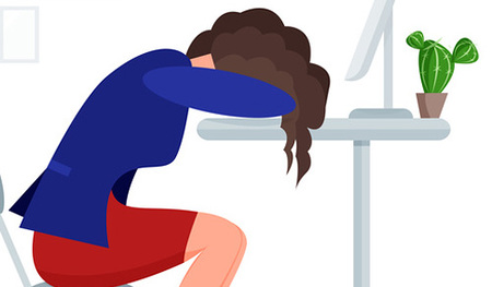 Woman get tired sleeps at work at lunch time right at the office desk near laptop. Vector illustration colorful isolated on white background
