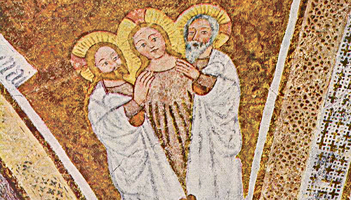 Dieses Fresko aus dem 14. Jahrhundert in der Kirche St. Jakobus in Urschalling nahe dem Chiemsee zeigt die Dreifaltigkeit. Manche Betrachter sehen den Heiligen Geist (Mitte) als Frau dargestellt. 