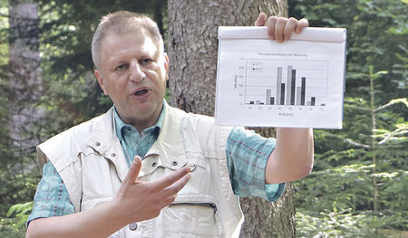 Oberforstmeister DI Johannes Wohlmacher bei einer Führung im Forst des Stiftes Schlägl. Der Ordensmann hat Theologie und Forstwirtschaft studiert.    