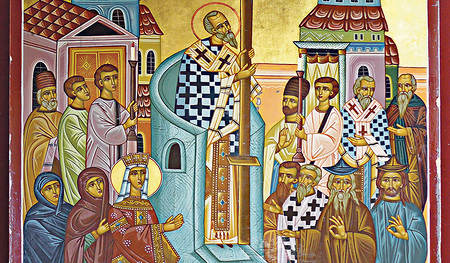  Die Ikone vor einer Dorfkirche in Zypern stellt den Festinhalt der Kreuzerhöhung dar. 